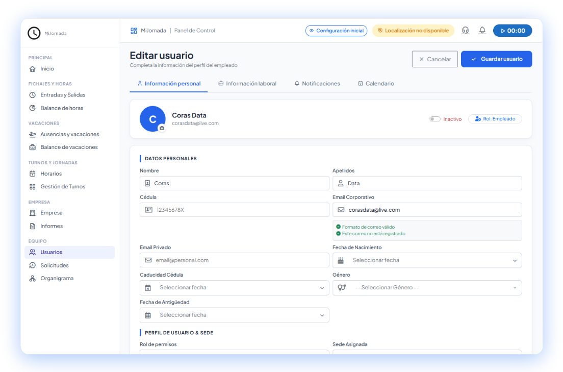 Ficha de Usuario y Cuadrante MiJornada